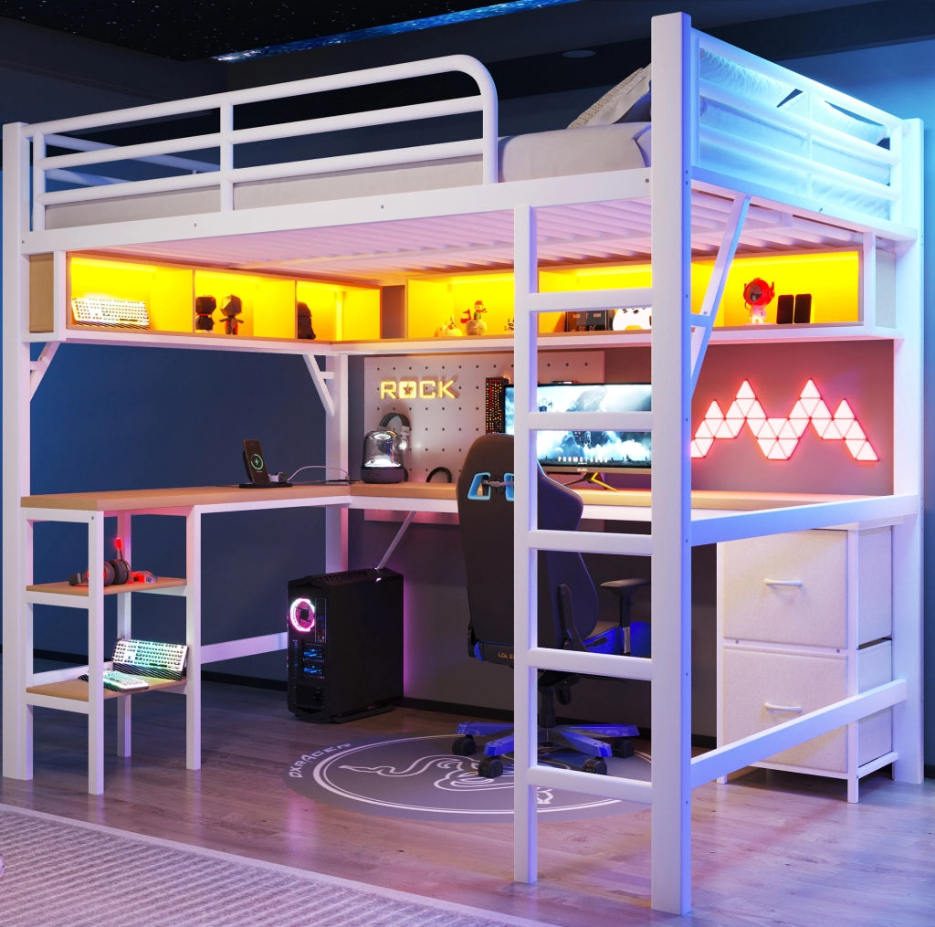 Letto a soppalco 140x200 cm con scrivania, LED e USB, bianco