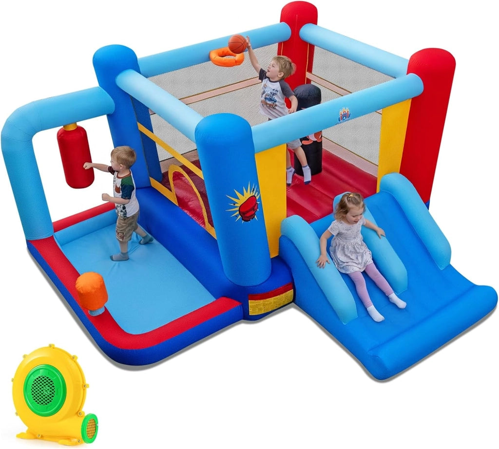 Castello Gonfiabile per Bambini con Soffiatore 550W, Casa Gonfiabile con Palo da Boxe, Trampolino, Doppio Scivolo, Piscina di Palline e Canestro da Basket, per Bambini 3-12 Anni