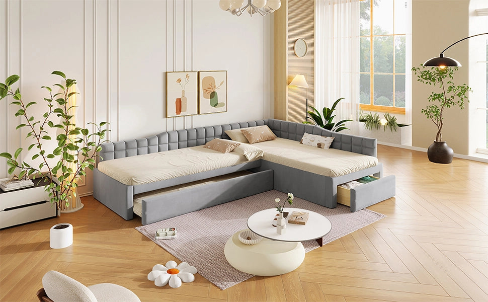 Letto combinato a L 90 × 200 cm con letto estraibile, 2 cassetti, senza materasso, in flanella grigio