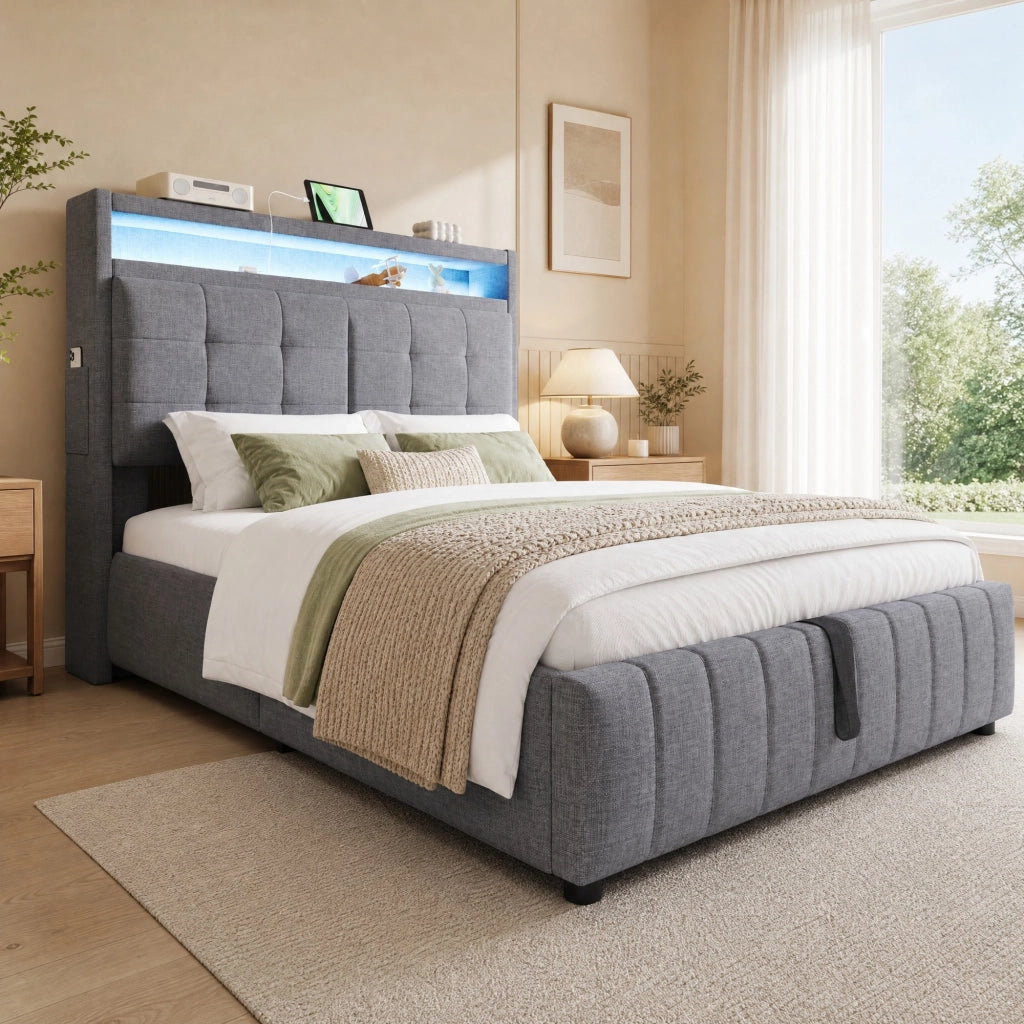 Letto imbottito 140x200 cm con LED, USB e vano contenitore