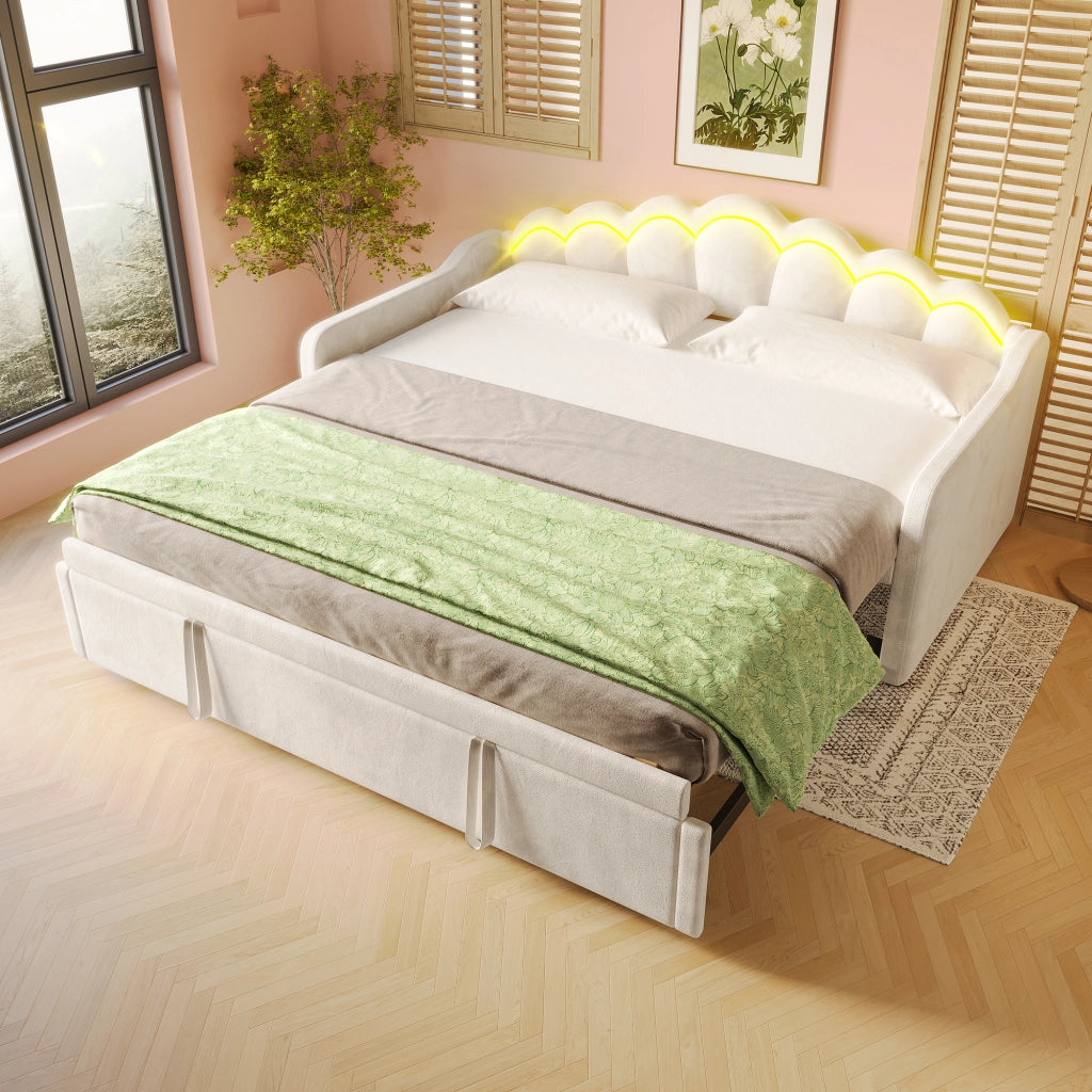 Daybed in velluto beige 90x200 estraibile a 180x200 LED colorati senza materasso