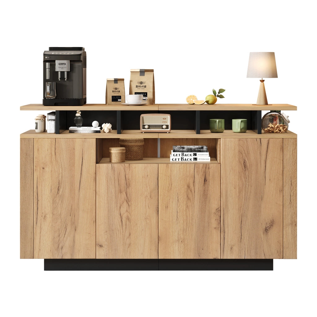 Credenza moderna in truciolato naturale e nero con 4 ante e 3 vani aperti, 140x40x85 cm