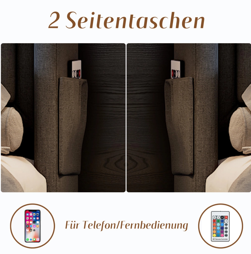 Polsterbett 90x200 mit USB-C; LED und Stauraum; Baumwoll-Leinen; Grau