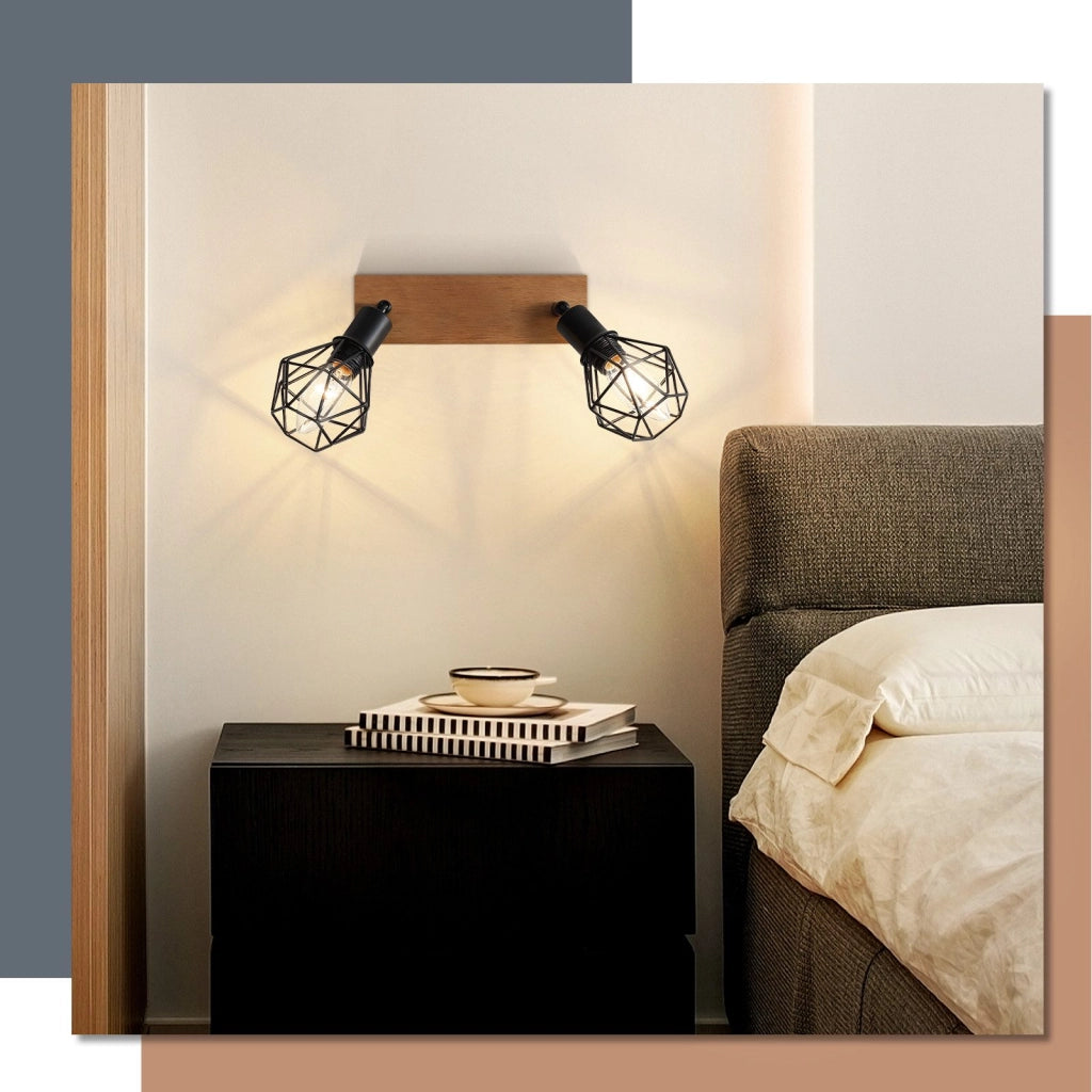 ZMH Faretto da soffitto neri 2 luci E14 legno metallo vintage rotativi 350° max 25W per cucina soggiorno