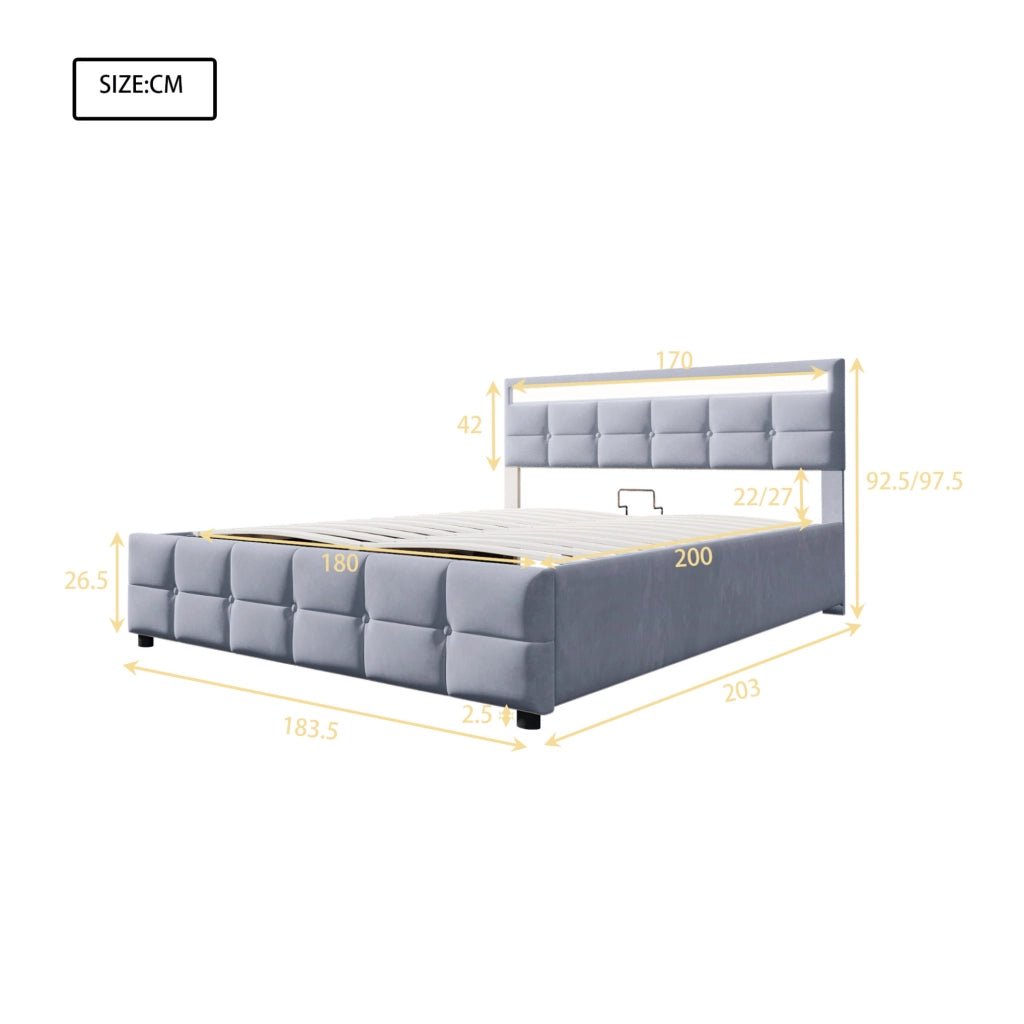 Letto imbottito 180x200 cm grigio con LED e vano contenitore