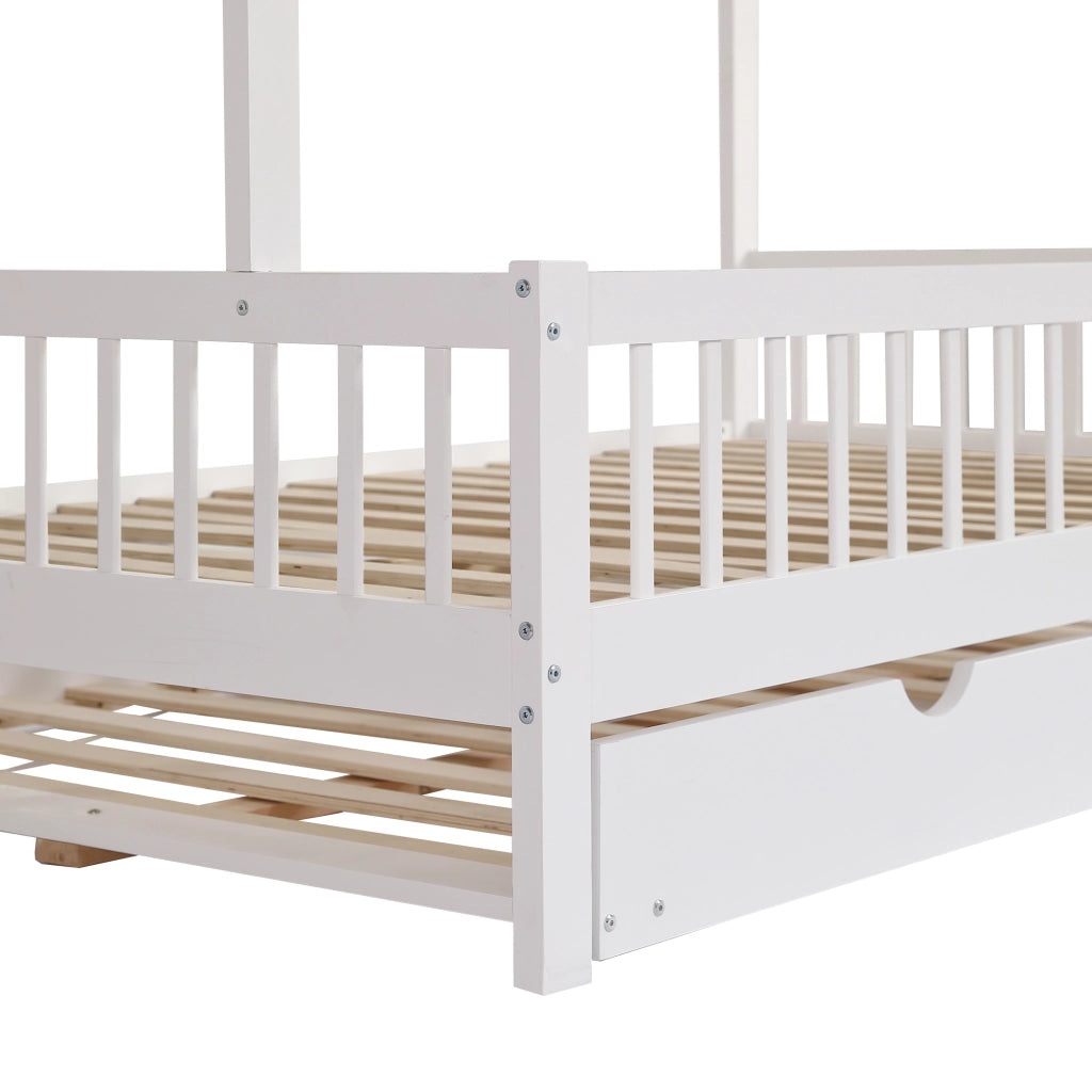 Letto Casetta 120x200 cm - Letto Estraibile; Sponda su 3 Lati e Tetto - in Legno - Bianco