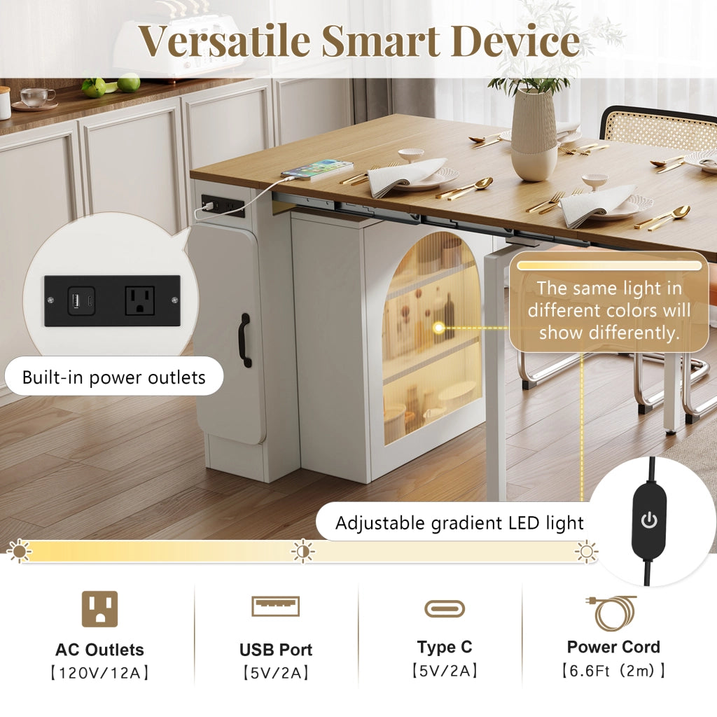 Carrello da Cucina con Tavolo Estensibile; 3 Piani; Vani; Ruote; LED e Prese; in MDF e Vetro; Bianco Naturale