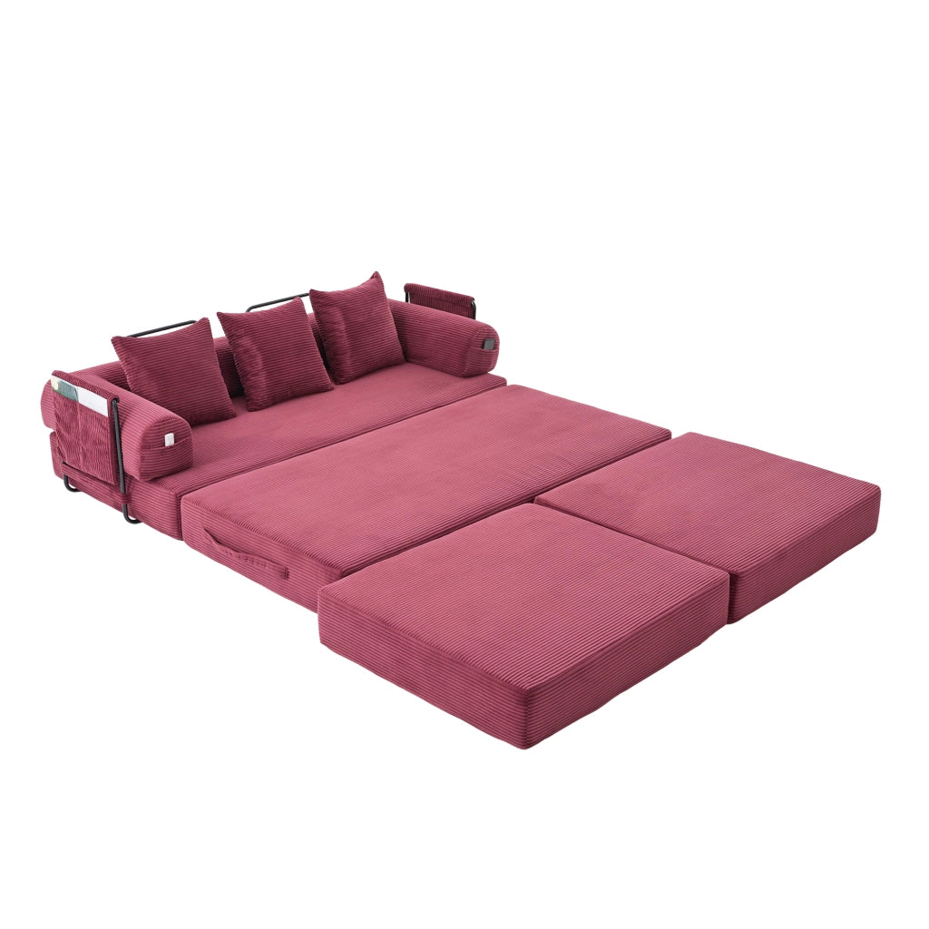 Divano modulare in corduroy con pouf e tasca laterale 200x190x67 cm; bordeaux vino