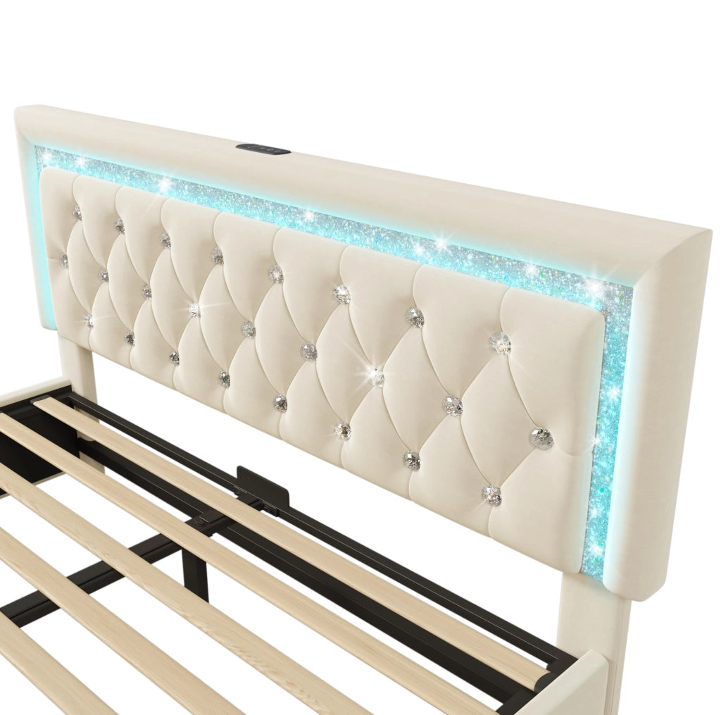 Letto imbottito con LED, testiera regolabile e vano contenitore