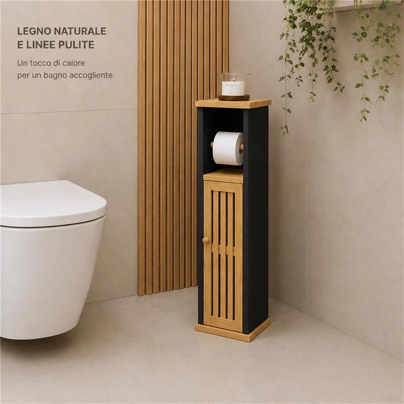 MOBILE PORTA CARTAIGENICA IN MDF NERO CON ANTA IN BAMBOO MISURE: 18X18X75 CM