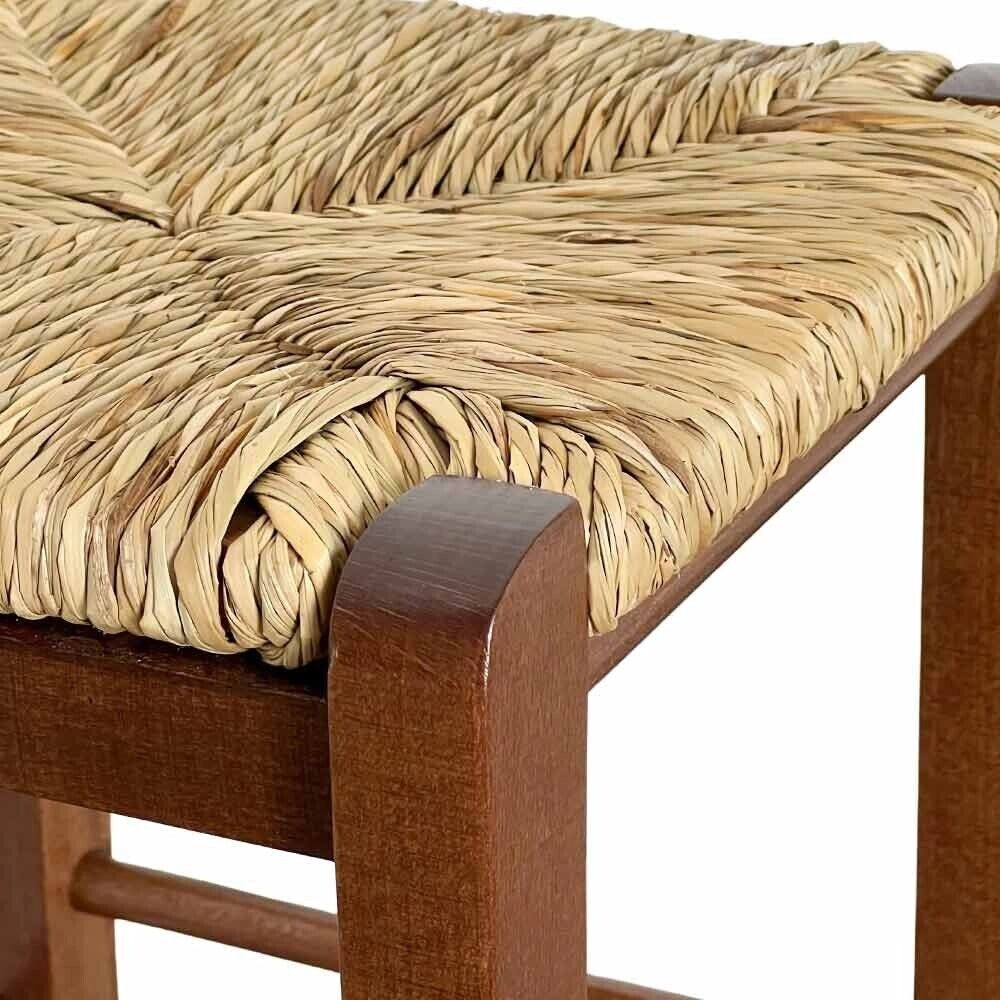 Sgabello legno noce scuro h 47 cm con seduta quadrata in paglia e gambe curvate