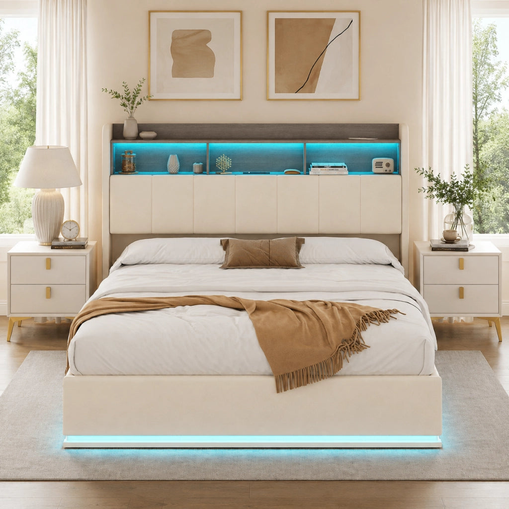 Letto matrimoniale contenitore idraulico 140x200 cm, rivestimento velluto beige, testiera con vani, LED RGB, porte USB‑A e USB‑C, capacità 350kg