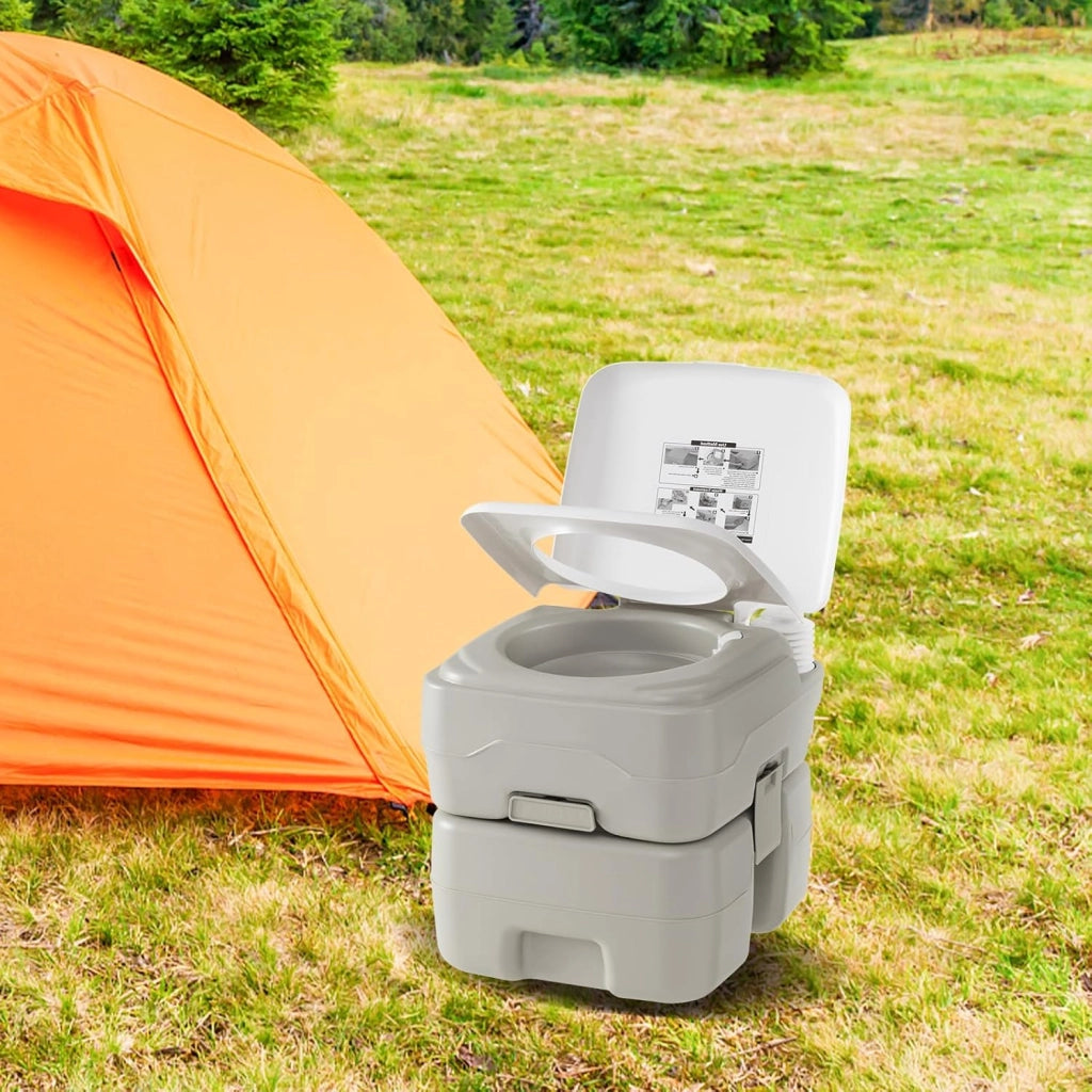 SOARS WC portatile da campeggio, WC portatile con pompa di risciacquo, serbatoio d'acqua 20 l + 10 l, carico 200 kg, altezza seduta 42 cm, imbuto telescopico, per campeggio, viaggio, auto, grigio
