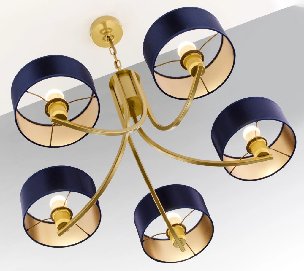 Lampadario oro a catena, paralumi blu 5xE27 Arthur Jupiter