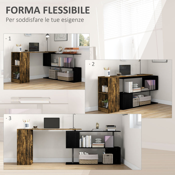 Scrivania Angolare da Ufficio 140x120x78 cm con Cassetti e Scaffale Girevole Marrone e Nero