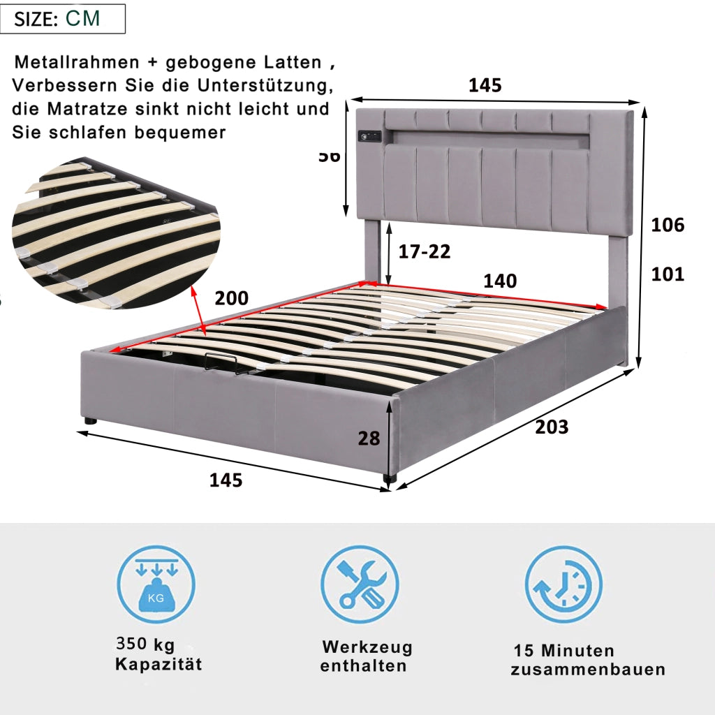 Letto imbottito grigio in velluto con LED; Bluetooth; USB e contenitore idraulico
