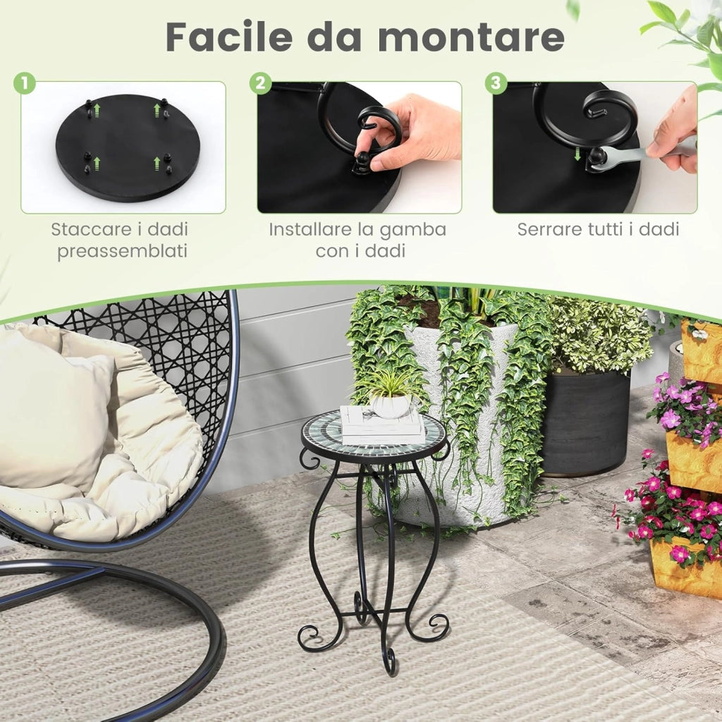 Tavolino da Esterno a Mosaico con Piano d'appoggio in Ceramica Resistente agli Agenti Atmosferici, Tavolino da Interno ed Esterno per Salotto, Balcone, Patio e Giardino (Nero e Grigio)