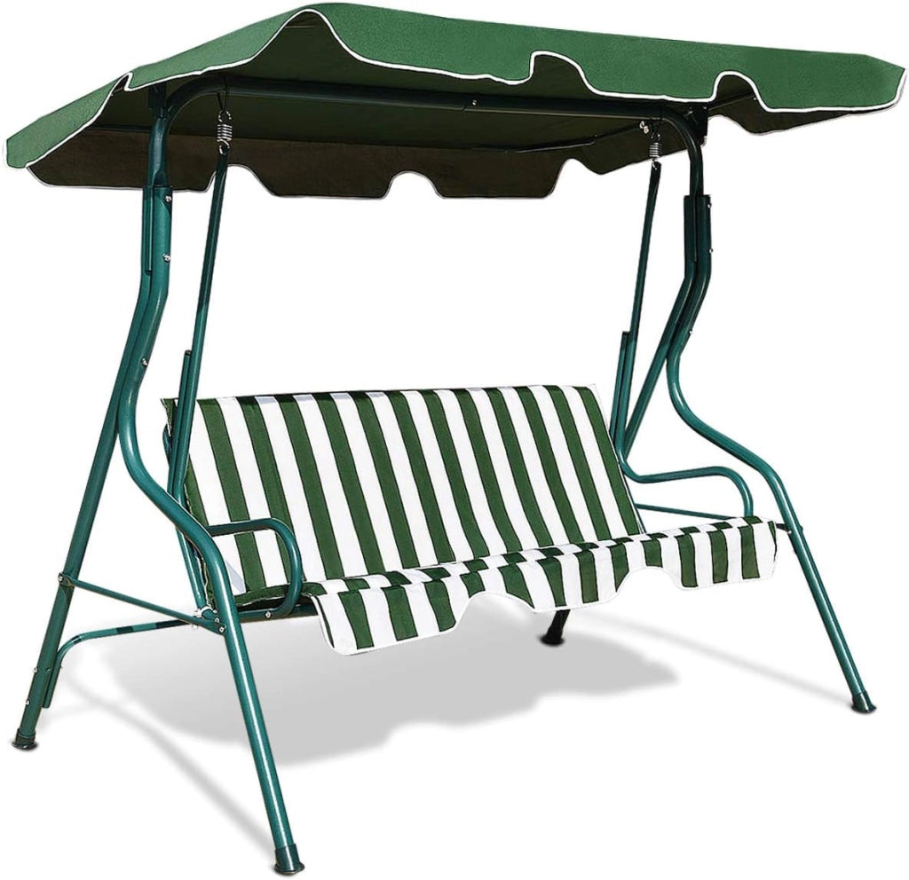 Dondolo da Giardino, a 3 Posti, Sedia da Oscillazione, Altalena con Tettuccio Ricambiabile, Portata di 210 kg, Verde/Marrone/Nero