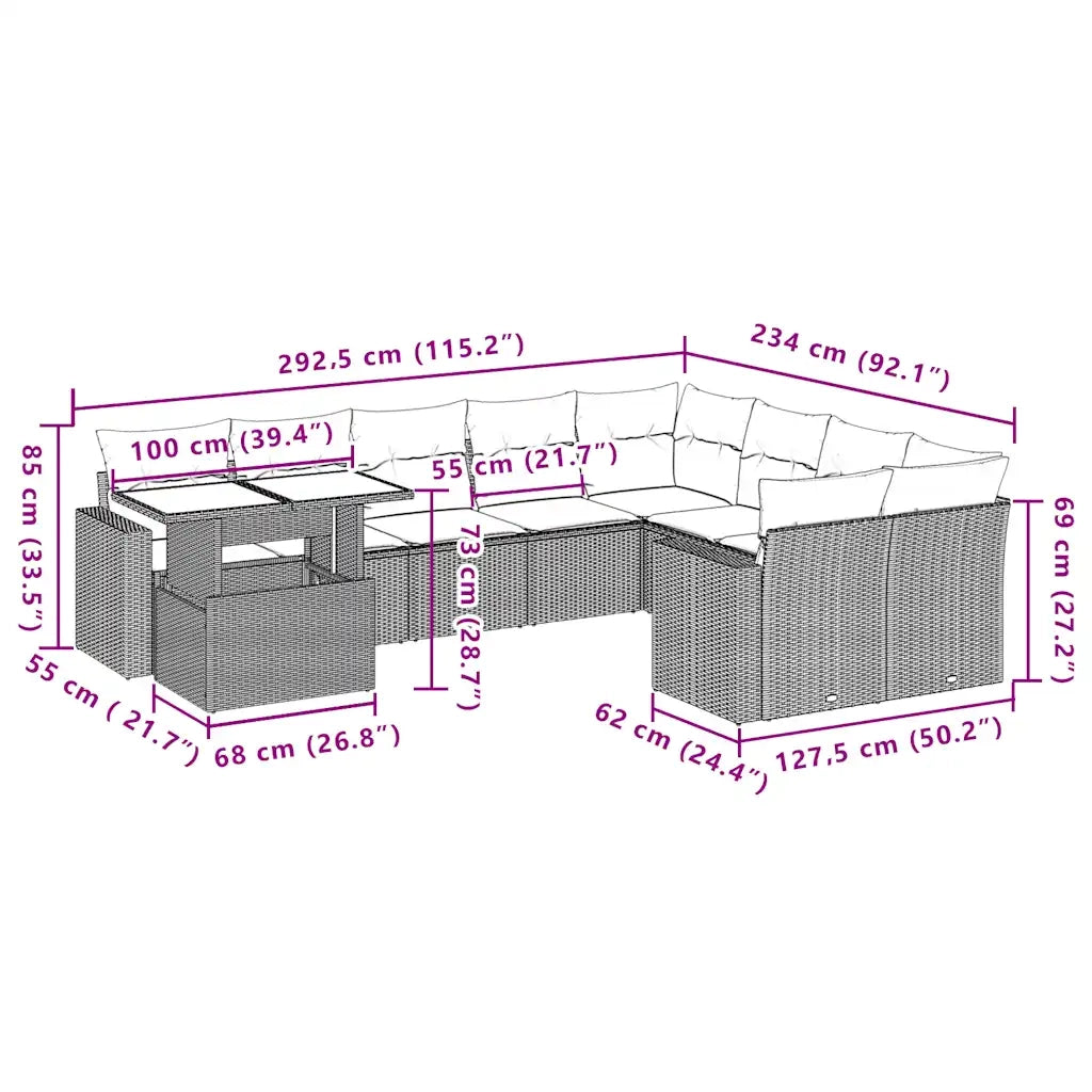 vidaXL Set Divano da Giardino 10 pz con Cuscini Beige in Polyrattan