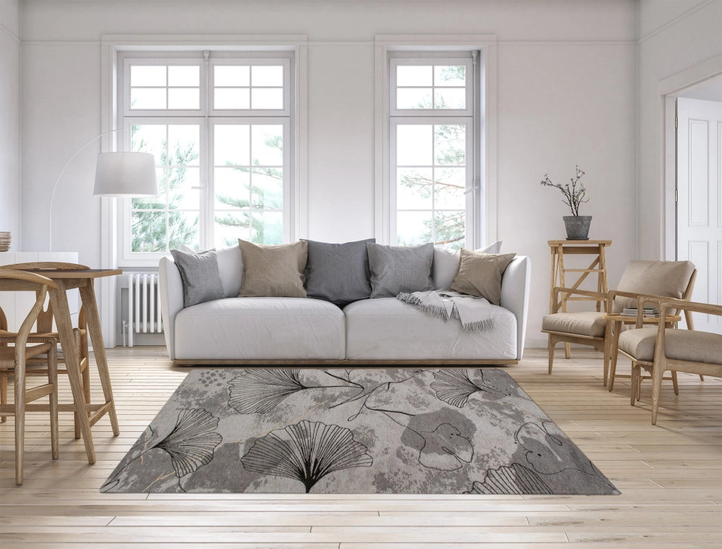 Tappeto Arredo Moderno Morbido in Ciniglia Ingresso Antiscivolo Prodotto Italiano  Soggiorno Camera Salotto Disegni Piazzati Cotone Varie Misure Grande Ginko/Perla - 115x175 cm