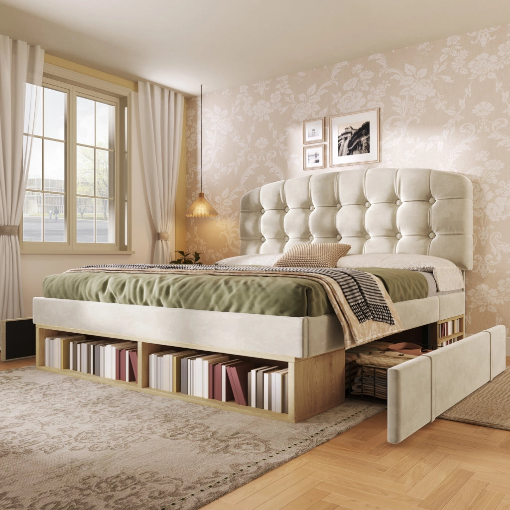 Letto con Cassetti 140x190 cm; Letto Matrimoniale - Contenitore e Mensole - in Velluto - Beige
