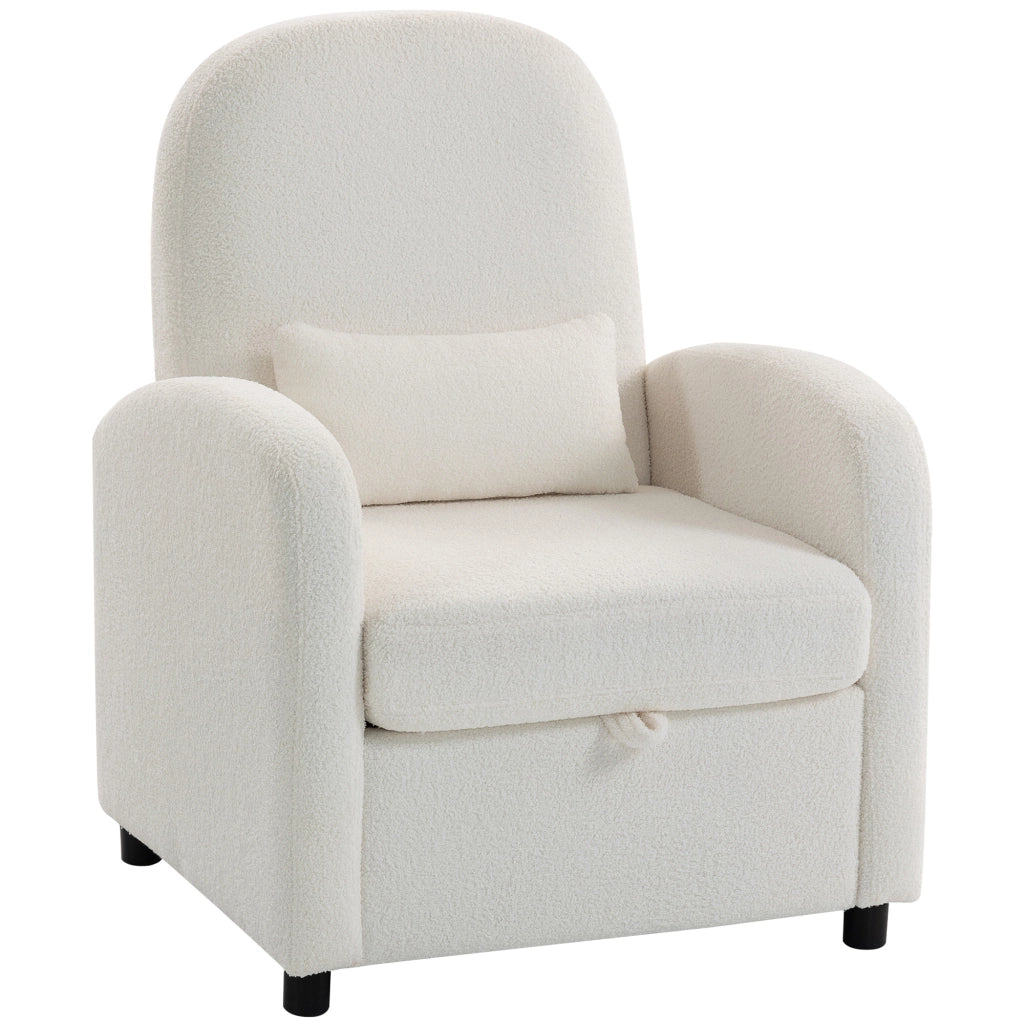 Poltrona Moderna con Spazio Contenitore a Scomparsa e Cuscino, Rivestimento in Pile Teddy, 76x77x95 cm, Crema