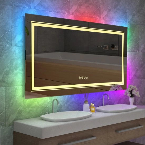 Specchio LED grande con illuminazione - Cambia colore RGB - Regolabile e Anti-Fog con illuminazione retroilluminata - 48x24 pollici