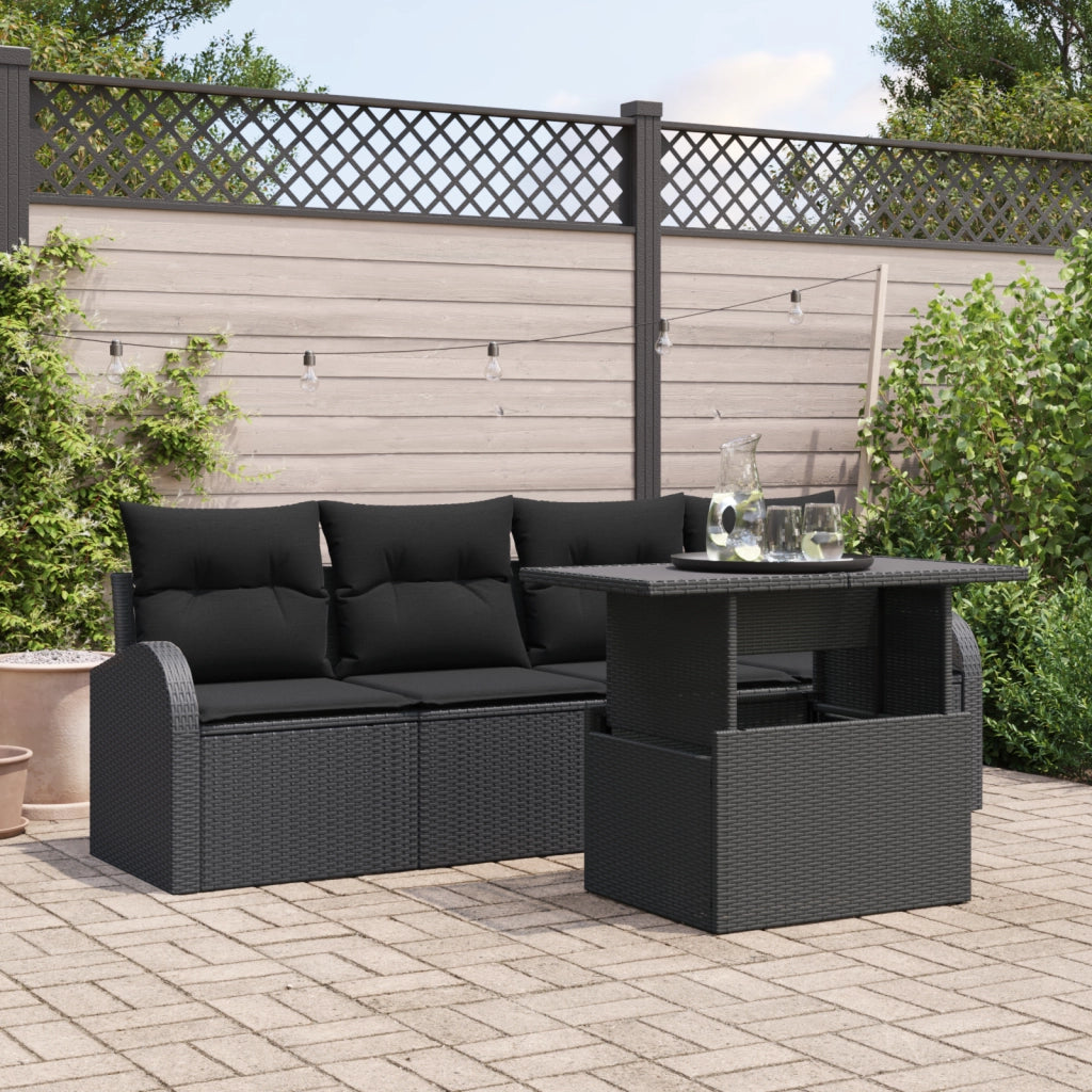 Set Divano da Giardino 5 Pezzi con Cuscini Nero Rattan Polietilene