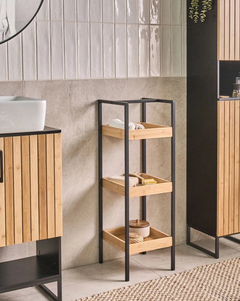 Scaffale da bagno a 3 ripiani con struttura in acciaio nero Accessori da bagno Bambù marrone chiaro