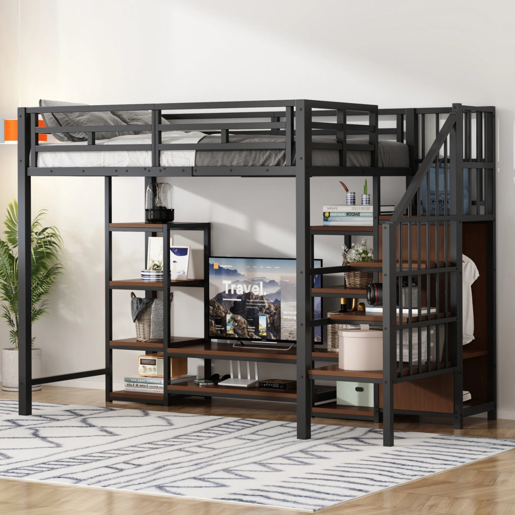 Letto a soppalco 90x200 cm nero con supporto TV e presa