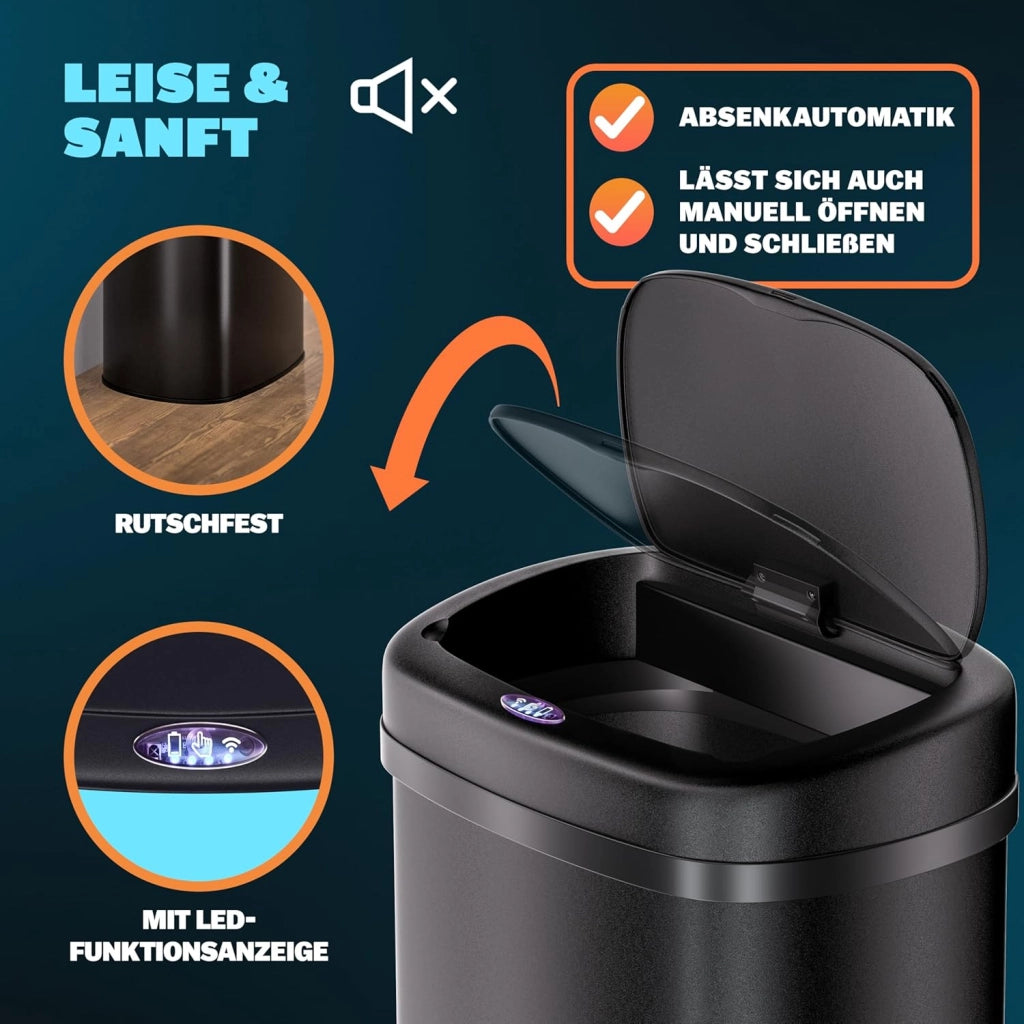 ® Cestino per Rifiuti con Sensore 50L in Acciaio Inox Pattumiera con Fissaggio Coperchio incl. Cavo USB Secchio Display LED