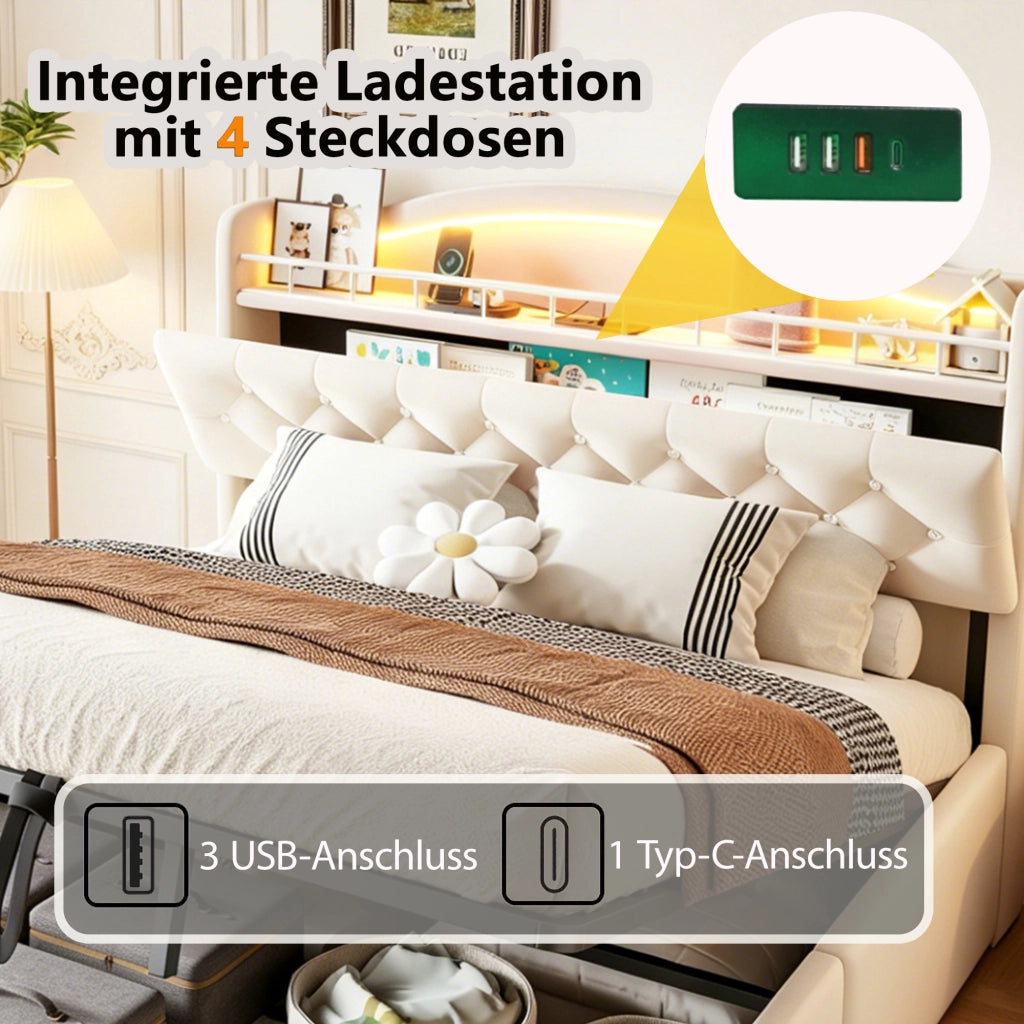 LETTO Contenitore 180x200 cm in tessuto beige con LED, USB e USB-C