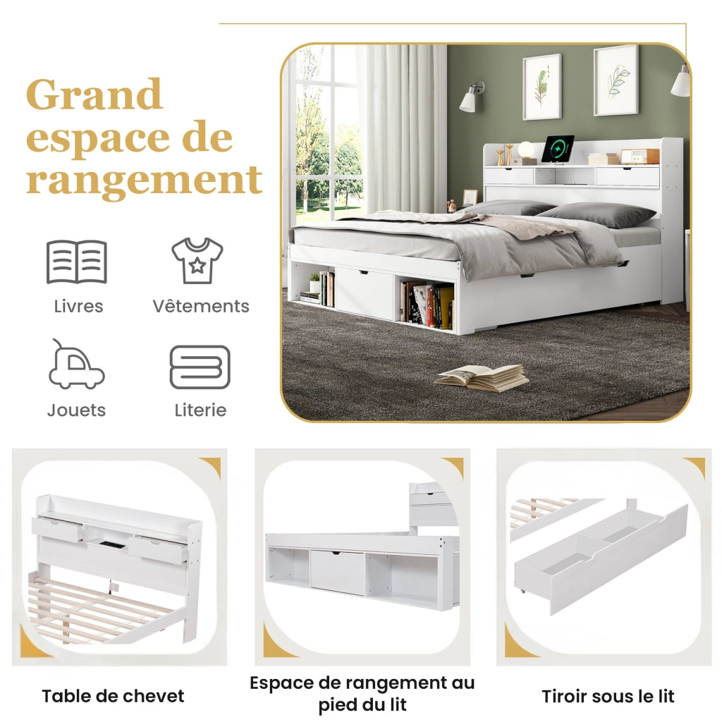 Letto Contenitore 140x200 cm; USB; Type-C e Scomparti in Legno e MDF Bianco