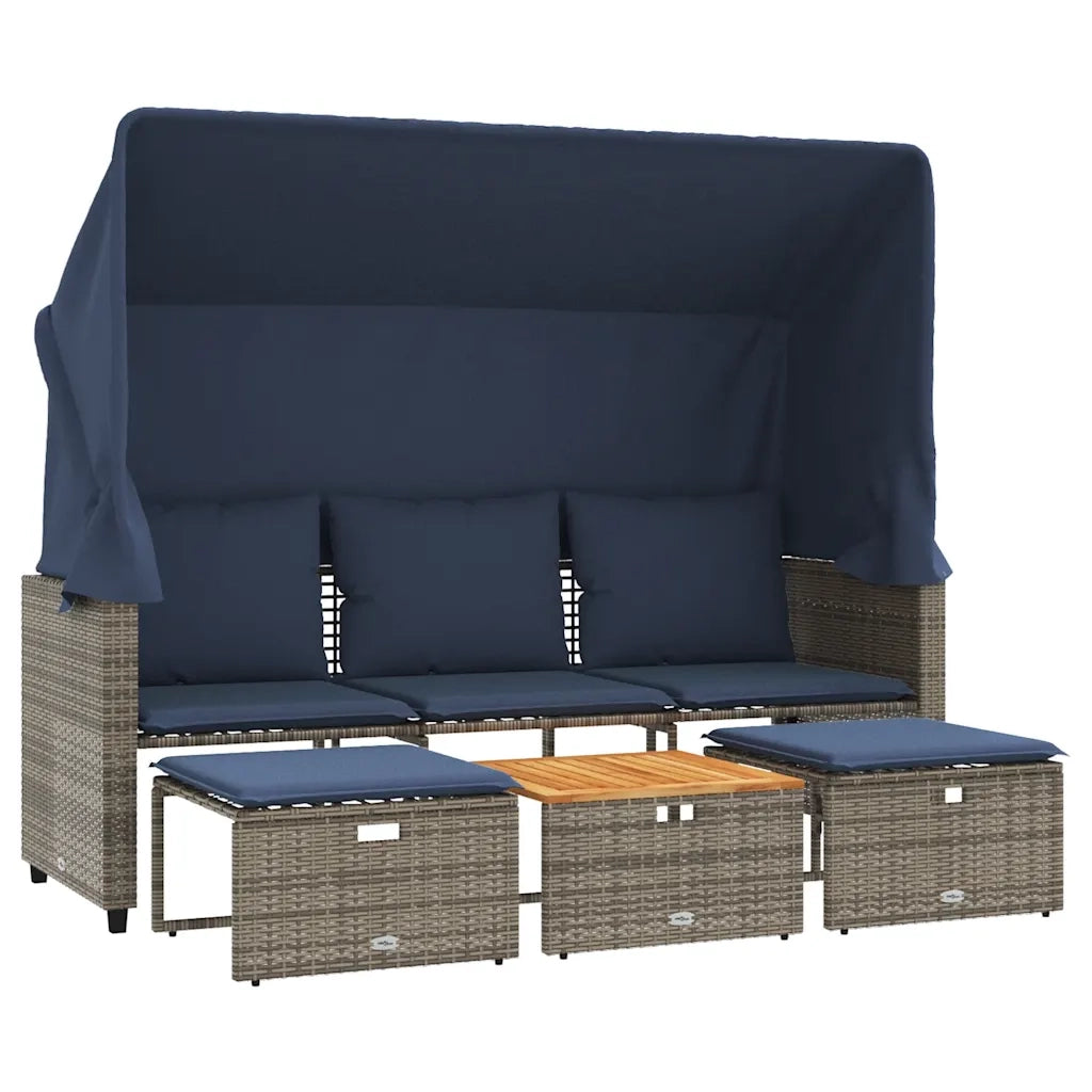 Divano da giardino a 3 posti con baldacchino e sgabelli in Polyrattan Grigio 365456