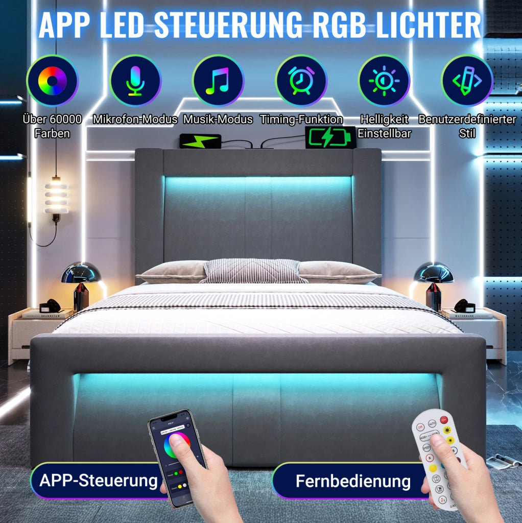 Letto singolo 90x200 cm con contenitore, LED e prese di ricarica, con materasso