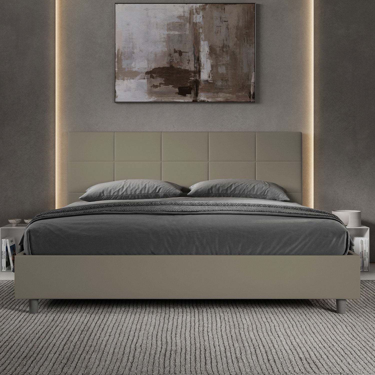 Letto Matrimoniale King Size 200x200 cm con Rete e Contenitore Imbottito in Similpelle Mika Cappuccino