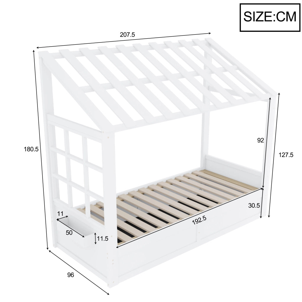 Letto per bambini 90x200 cm con contenitore idraulico e vani laterali; bianco