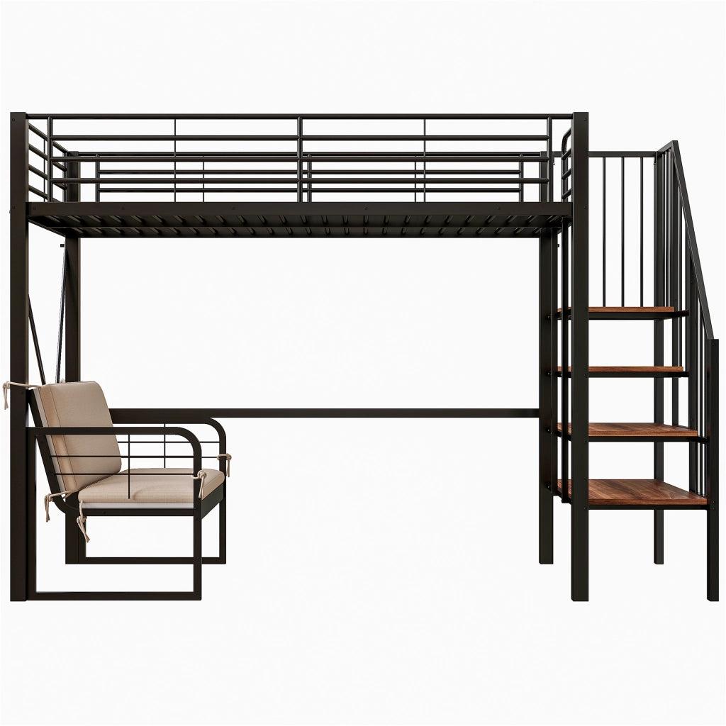 Letto a castello 90 × 200 cm con divano imbottito, scala con contenitore, senza materasso, metallo nero