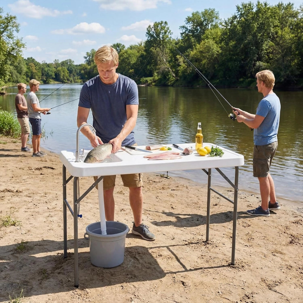 Tavolo da Campeggio con Rubinetto e Lavandino, 104 x 59 cm, Tavolo Pieghevole e Portatile per Lavaggio e Preparazione di Cibi, Pesca e Verdure, per Picnic, Spiaggia, Cortile e Giardino