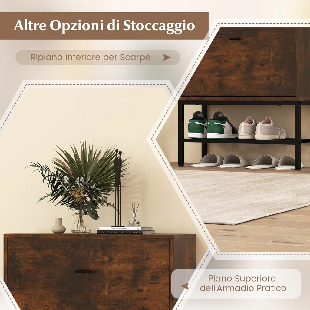 Armadio per Scarpe con 2 Cassetti a Ribalta, Scarpiera Nascosto con Ripiani Regolabili e Rimovibili, Ripiano in Metallo e Dispositivo Antiribaltamento, 60x24x106 cm (Marrone)