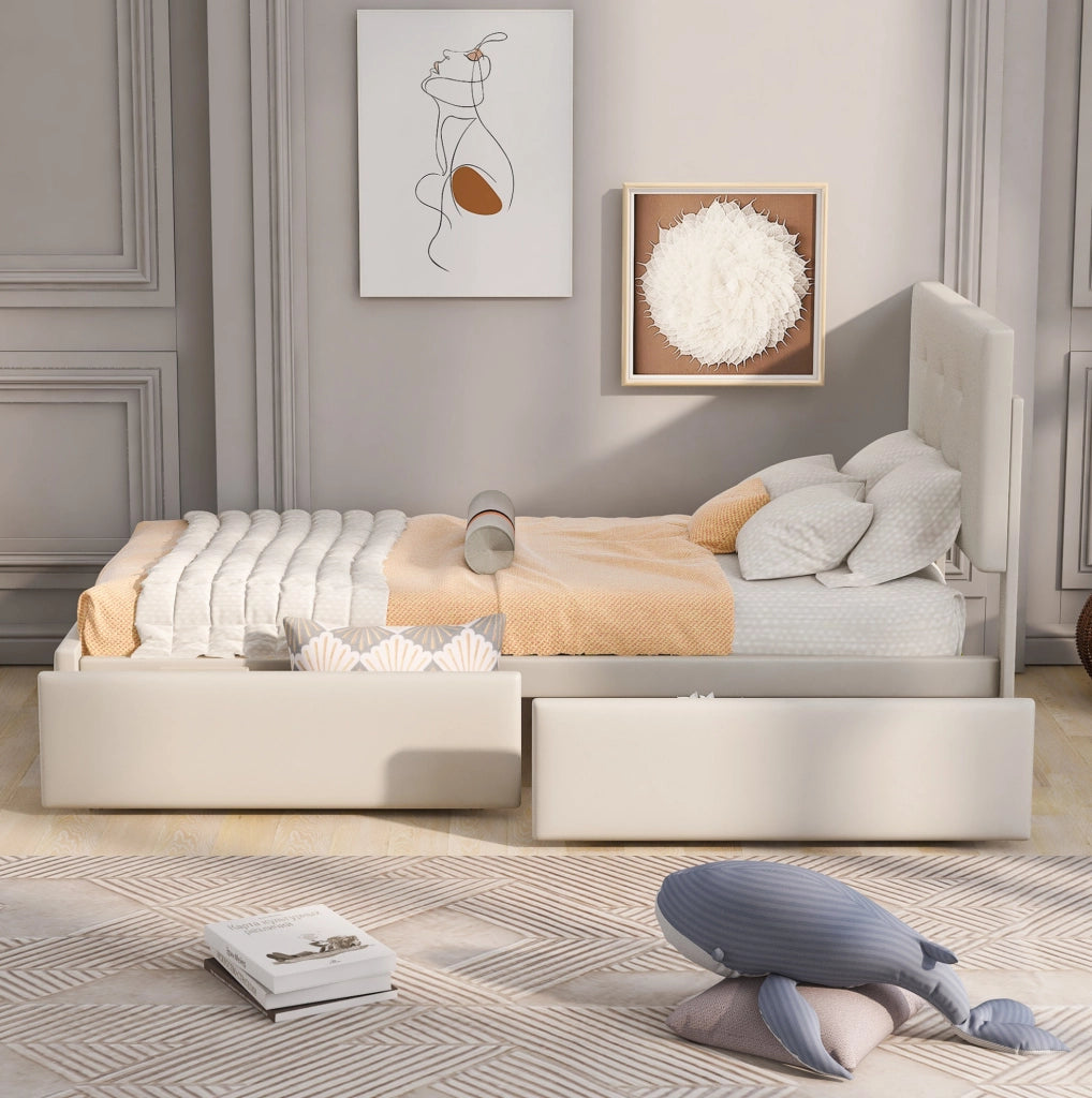 Letto imbottito 90x200 cm con cassetto; velluto beige (Senza materasso)