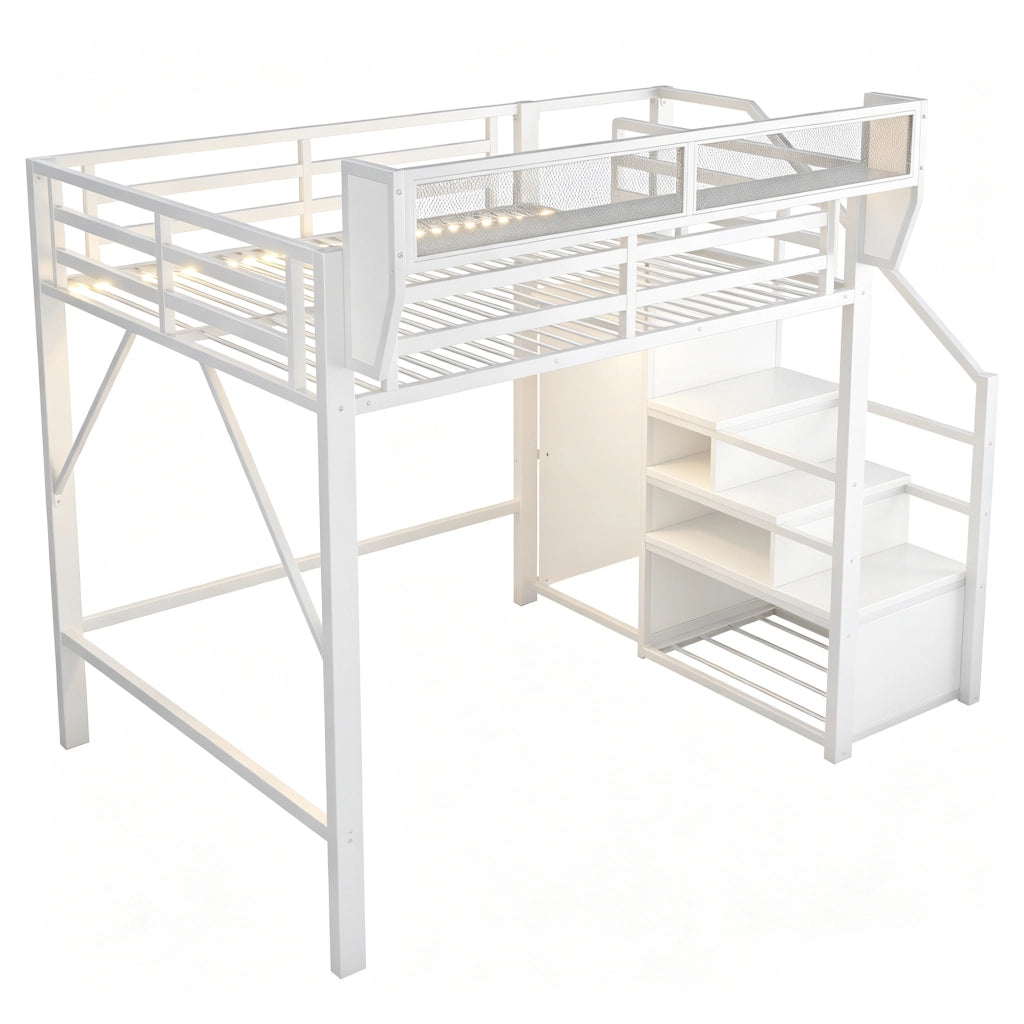 Letto a soppalco 140x200 cm in metallo con LED, scala di sicurezza e ripiano flessibile, bianco