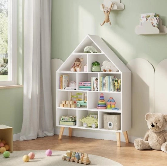 Cassettiere per bambini, scaffale in piedi, forma di casa, scaffale per bambini, cassettiera per bambini con 5 livelli, organizzatore di giocattoli, cassettiera per giocattoli, bianca