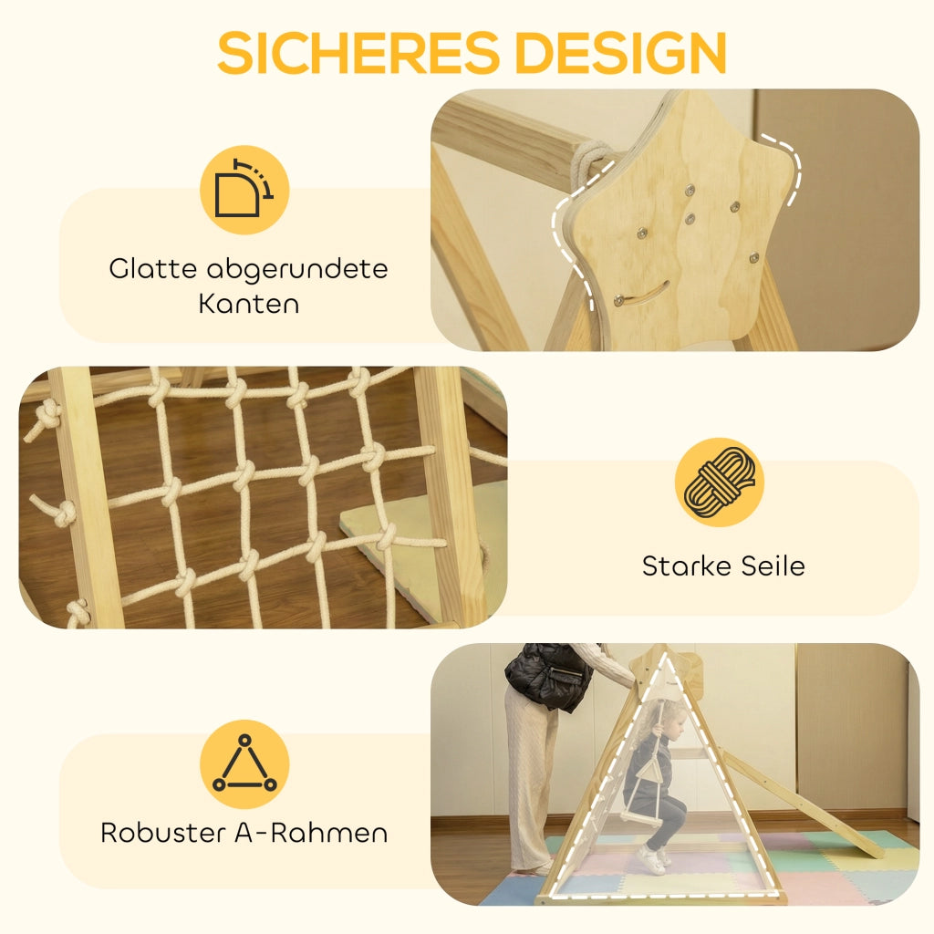 Casetta per bambini con scivolo, altalena, rete da arrampicata e canestro ¨C zephmum ¨C legno naturale