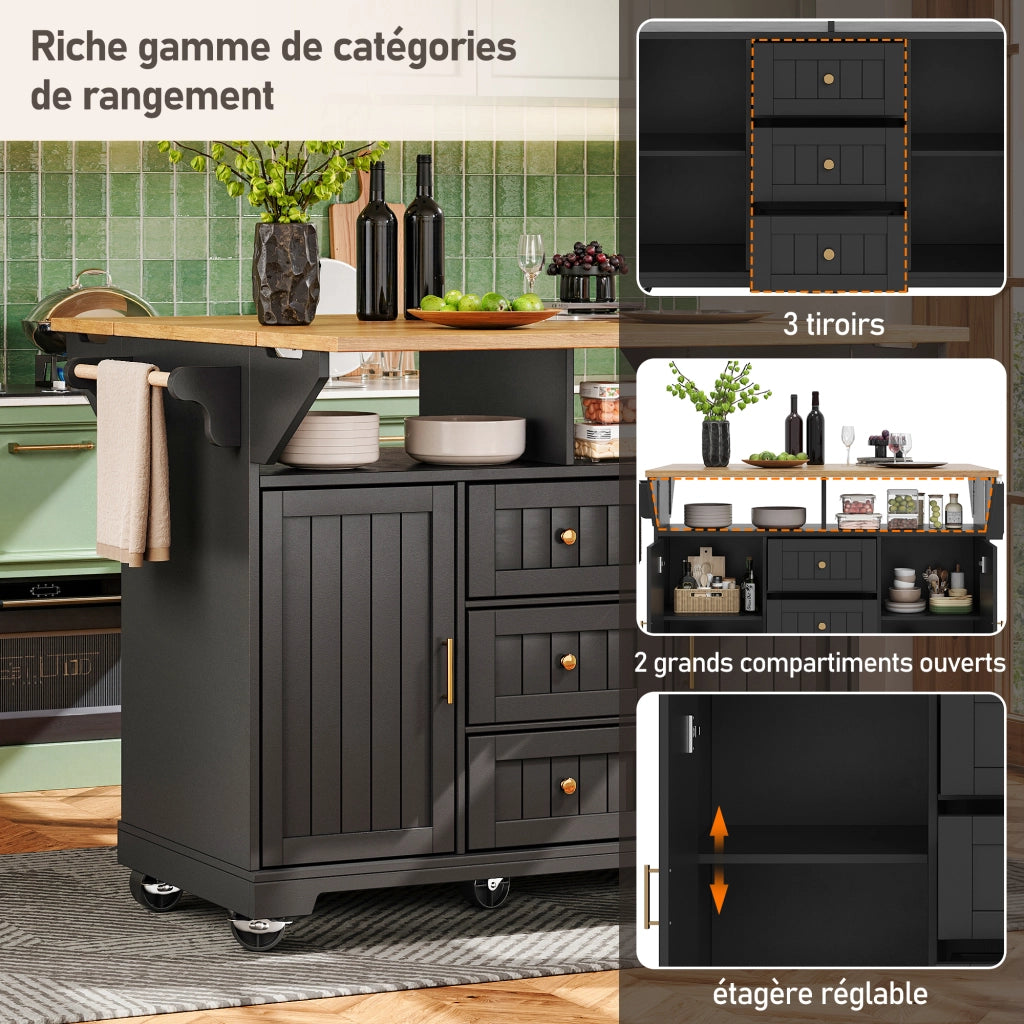 Carrello da cucina pieghevole con 3 cassetti, 2 ante, ruote e piano apribile in MDF e metallo nero