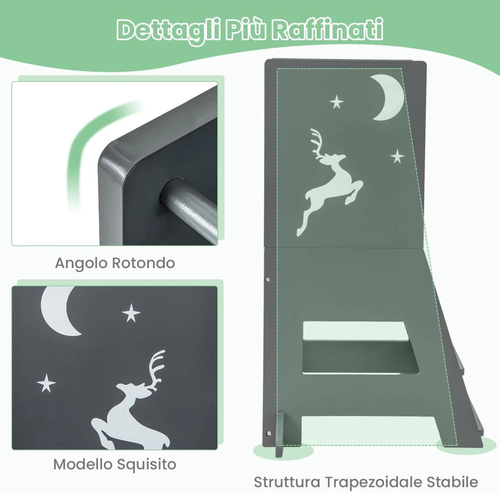 Torre per Bambini 2 in 1, Sgabello da Cucina per Bambini con 3 Penne, Lavagna Bianca e Nera, Piattaforma e Gradino Regolabili, per Bambini da 1 a 7 Anni, Capacità di Carico 70 kg (Grigio)