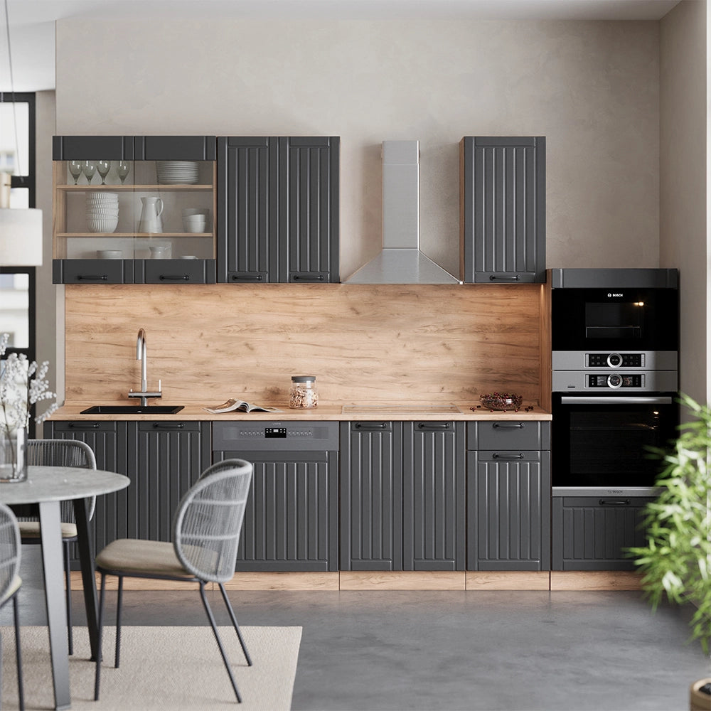 Vicco Cucina componibile Grigio scuro 300 cm con armadio alto, PL Rovere