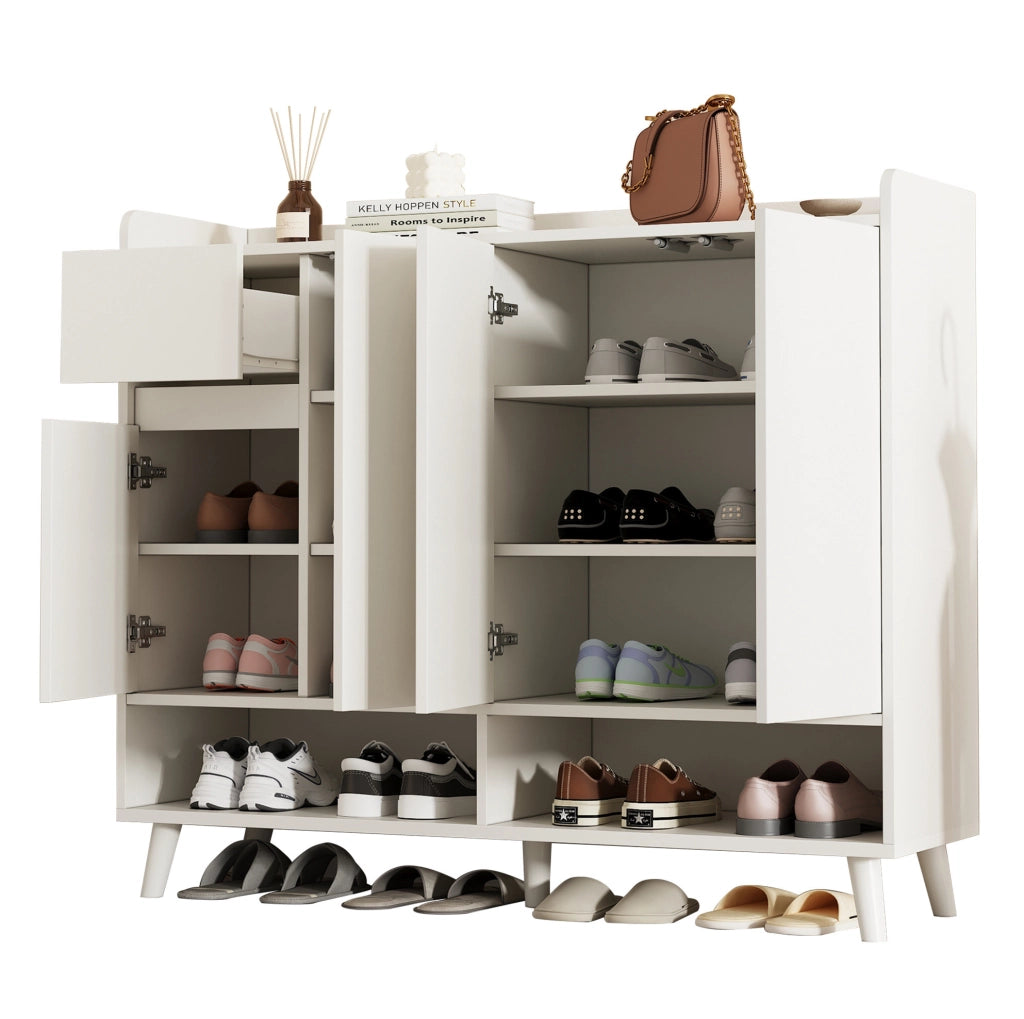 Mobile da ingresso moderno con ripiano regolabile; 1 cassetto e 4 ante; 120x35x99 cm; bianco