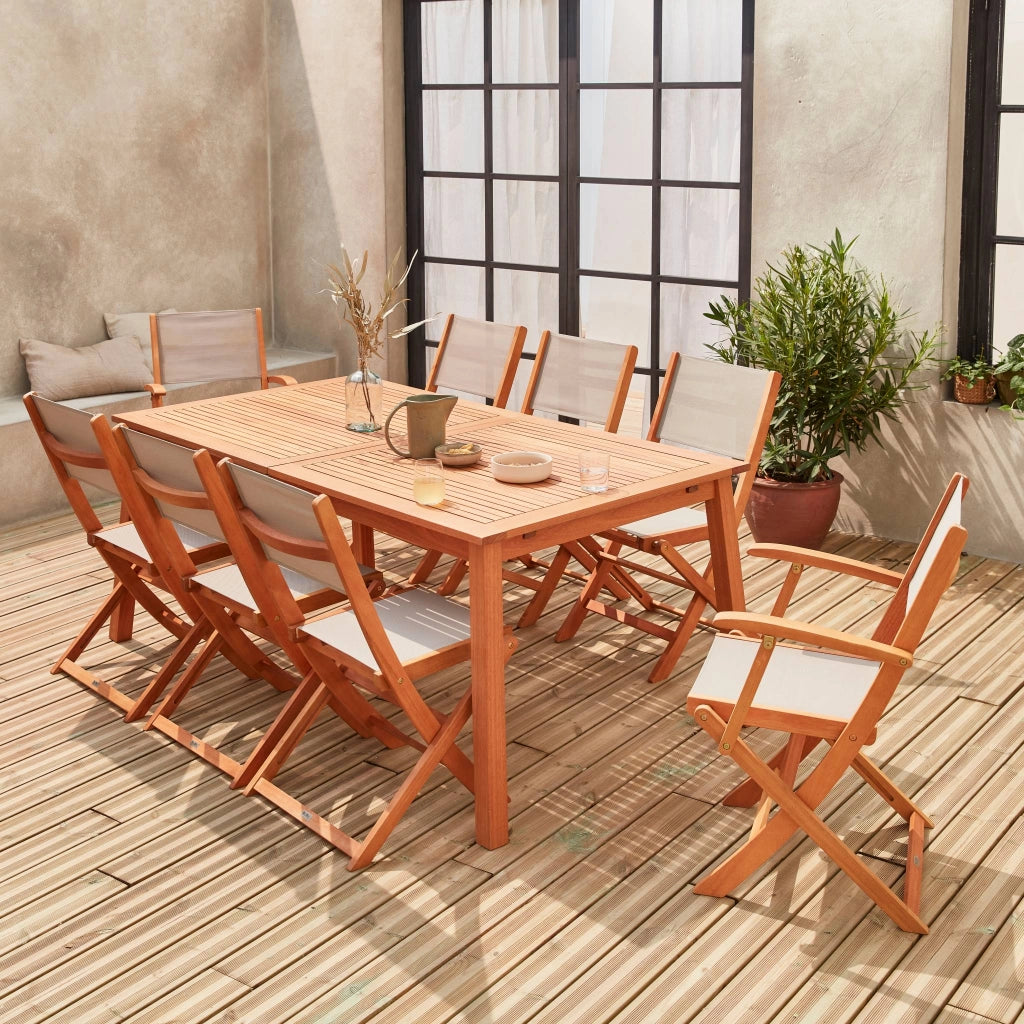 Set tavolo da giardino rettangolare allungabile in legno con 8 sedie,