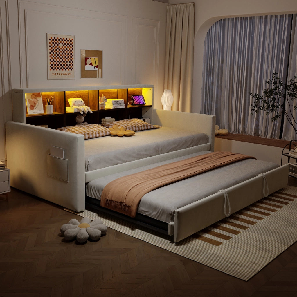 Letto imbottito estraibile 90 x 190 cm in velluto beige con LED e prese